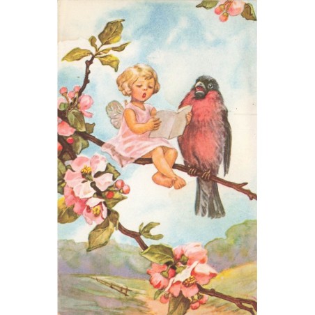 n°27780 - Fantaisie - H. Dockal - Petite elfe lisant près d'un rouge-gorge, assise sur une branche fleurie - Oiseau