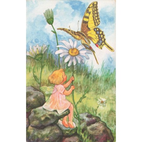 n°27781 - Fantaisie - H. Dockal - Petite elfe montrant une marguerite à un papillon