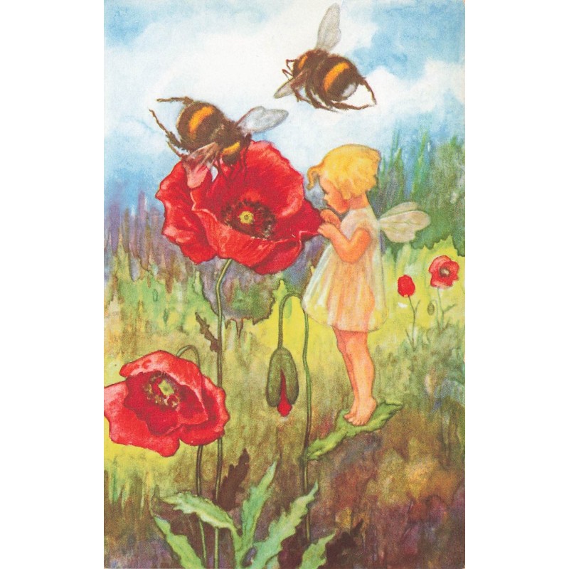 n°27782 - Fantaisie - H. Dockal - Petite elfe et bourdons regardant dans un coquelicot