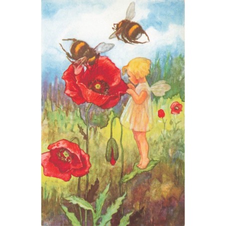 n°27782 - Fantaisie - H. Dockal - Petite elfe et bourdons regardant dans un coquelicot