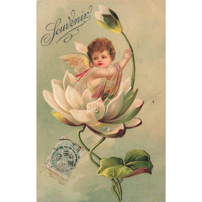 n°27784 - Carte Gaufrée - Fantaisie - Souvenir - Ange au milieu d'une fleur