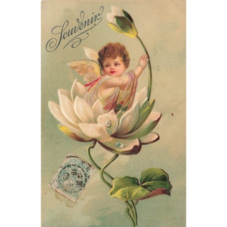 n°27784 - Carte Gaufrée - Fantaisie - Souvenir - Ange au milieu d'une fleur