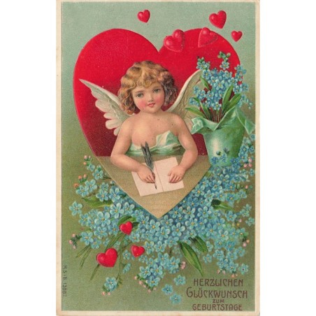 n°27785 - Carte Gaufrée - Anniversaire - MSIB 13882 - Ange écrivant une lettre, coeur