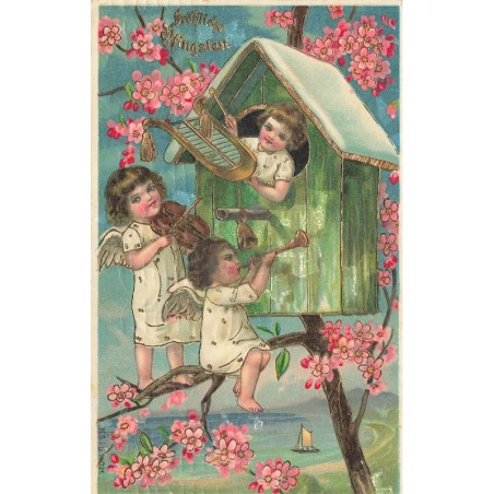n°27786 - Carte Gaufrée - MSIB 14021 - Anges dans un arbre fleuri, jouant de la musique