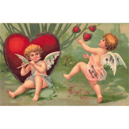 n°27788 - Carte Gaufrée - Forget me not - Anges, l'un jonglant avec des coeurs, l'autre jouant de la flûte