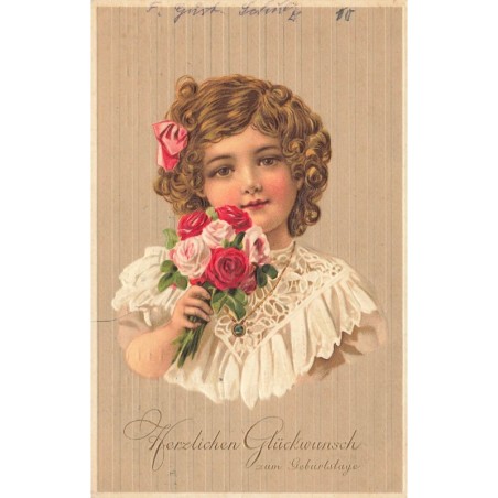 n°27791 - Carte Gaufrée - Fantaisie - Portrait d'une fillette tenant un bouquet de roses