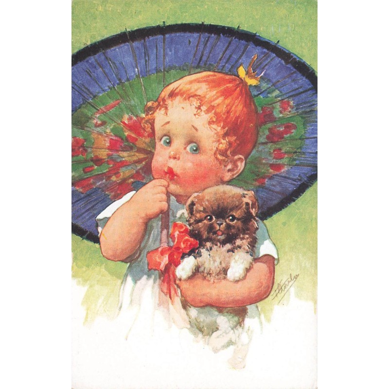 n°27793 - Fantaisie - BKWI 77-3 - Fillette tenant un chiot et se protégeant avec une ombrelle