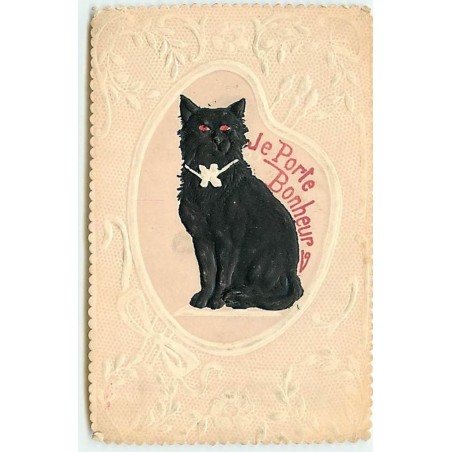 n°13158 - Carte Gaufrée - Je porte bonheur - Chat noir