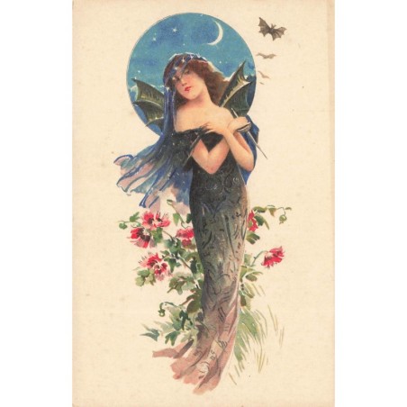 n°27801 - Illustrateur - Jeune femme portant des ailes de chauve-souris au milieu de fleurs au clair de lune