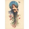 n°27801 - Illustrateur - Jeune femme portant des ailes de chauve-souris au milieu de fleurs au clair de lune