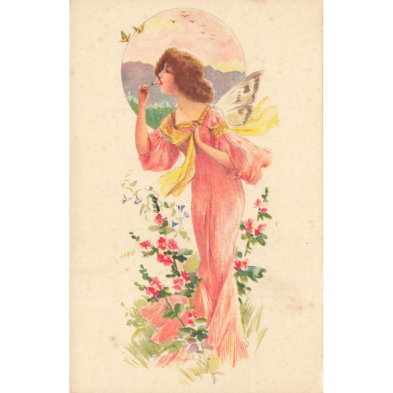 n°27802 - Illustrateur - Jeune femme portant des ailes de papillon au milieu de fleurs - Fée