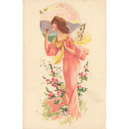 n°27802 - Illustrateur - Jeune femme portant des ailes de papillon au milieu de fleurs - Fée