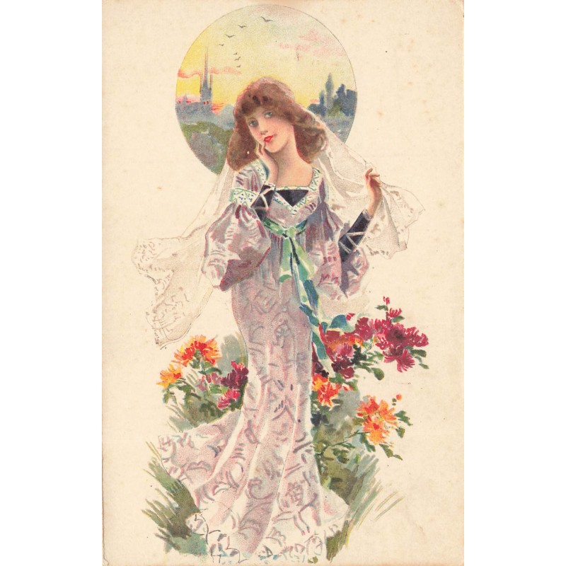 n°27803 - Illustrateur - Jeune femme portant un voile sur les cheveux au milieu de fleurs