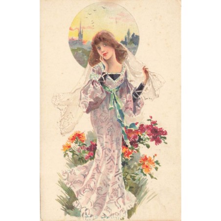 n°27803 - Illustrateur - Jeune femme portant un voile sur les cheveux au milieu de fleurs