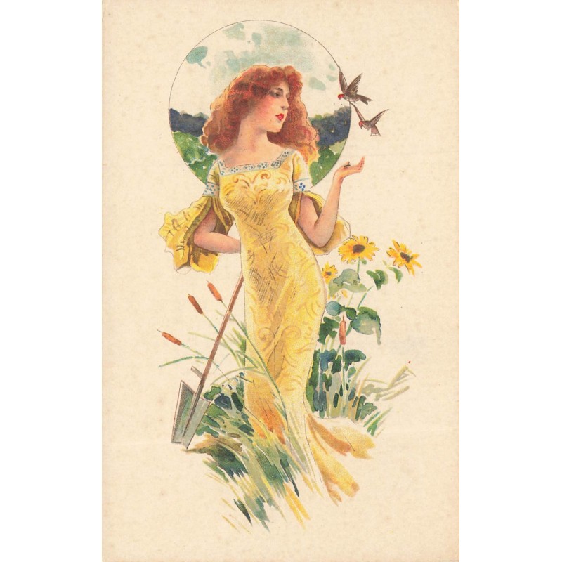 n°27804 - Illustrateur - Jeune femme regardant des oiseaux, et tenant une pelle