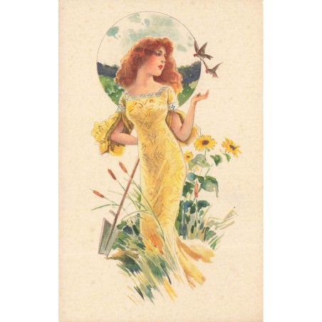 n°27804 - Illustrateur - Jeune femme regardant des oiseaux, et tenant une pelle