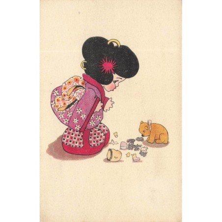 n°27806 - BRW n°290 - Fillette en kimono regardant un ours en peluche - Teddy Bear