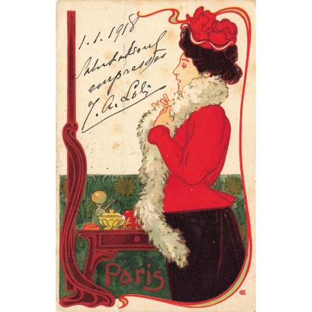 n°27807 - Illustrateur Christiansen - Art Nouveau - Femme ajustant son boa - Paris