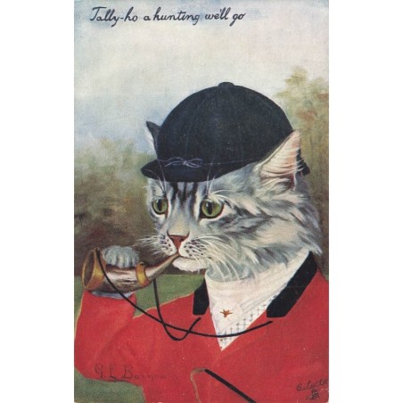 n°27810 - Illustrateur Barnes - Chat sonnant dans un cor de chasse - Chat habillé