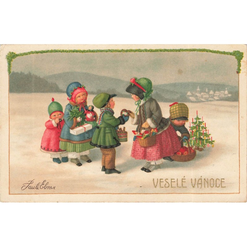 n°27813 - Illustrateur Pauli Ebner - Veselé Vanoce - Enfants dans la neige s'offrant des cadeaux