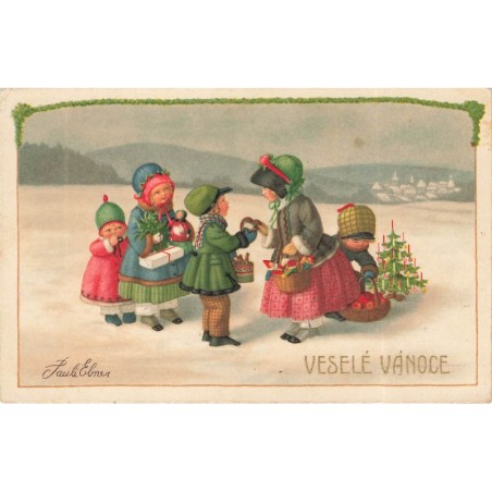 n°27813 - Illustrateur Pauli Ebner - Veselé Vanoce - Enfants dans la neige s'offrant des cadeaux
