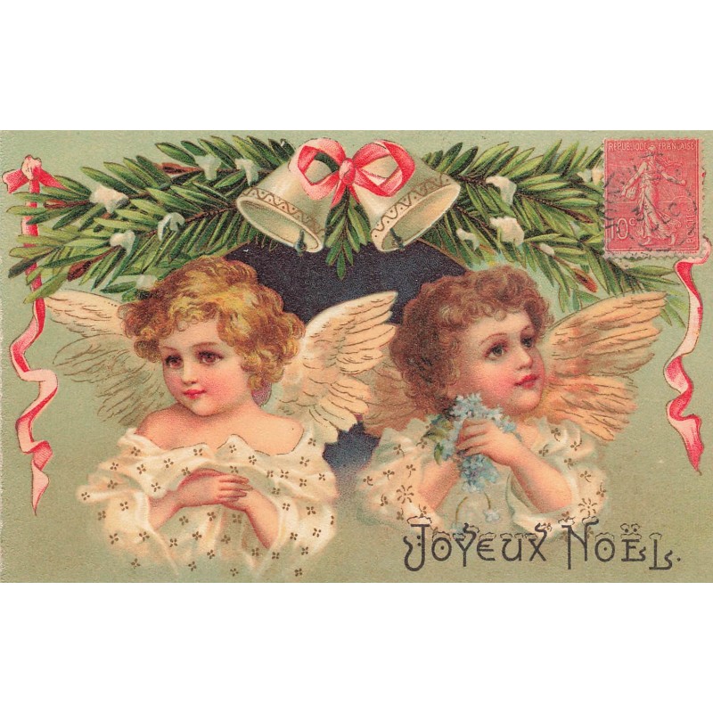 n°27815 - Clapsaddle - Joyeux Noël - Deux anges sous des cloches