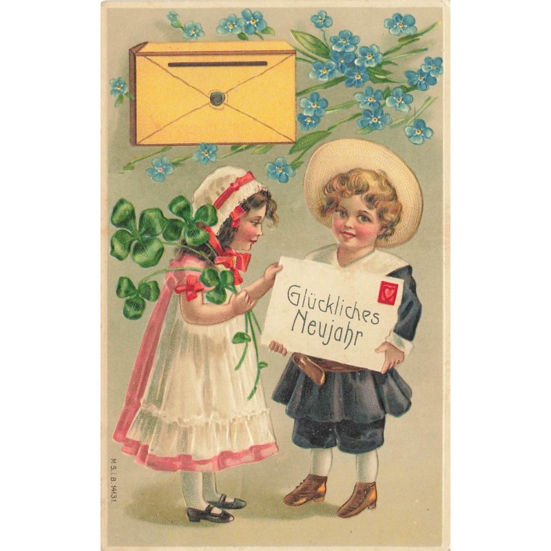 n°27821 - Carte Gaufrée - MSIB 14131 - Glückliches Neujahr - Enfants près à poster une lettre