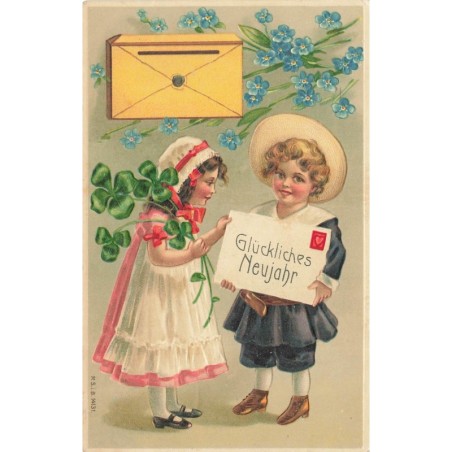 n°27821 - Carte Gaufrée - MSIB 14131 - Glückliches Neujahr - Enfants près à poster une lettre