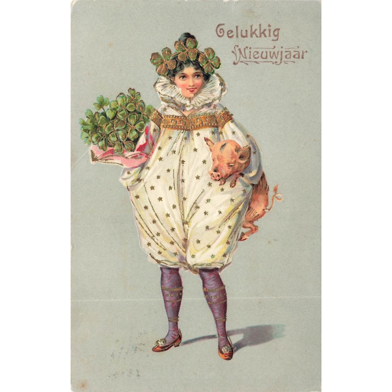 n°27822 - Carte Gaufrée - Glückliches Neujahr - Jeune femme portant un cochon et un bouquet de trèfles