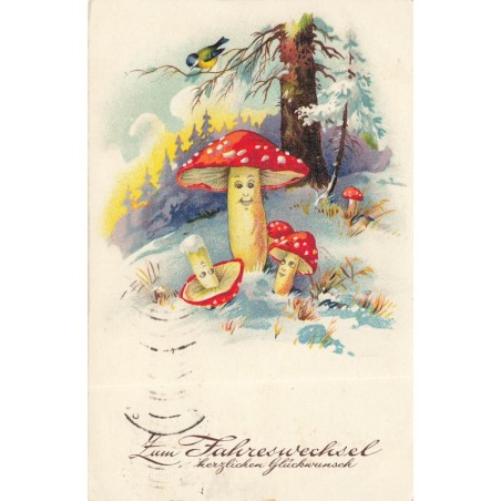 n°27823 - Nouvel An - Oiseau regardant des champignons humanisés