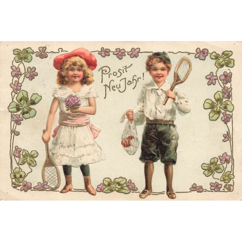 n°27824 - Carte Gaufrée - Nouvel An - Enfants jouant au tennis