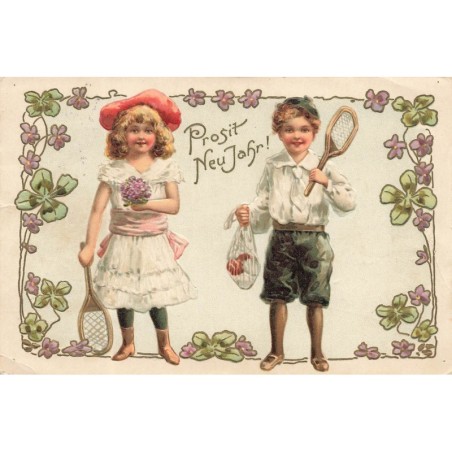 n°27824 - Carte Gaufrée - Nouvel An - Enfants jouant au tennis