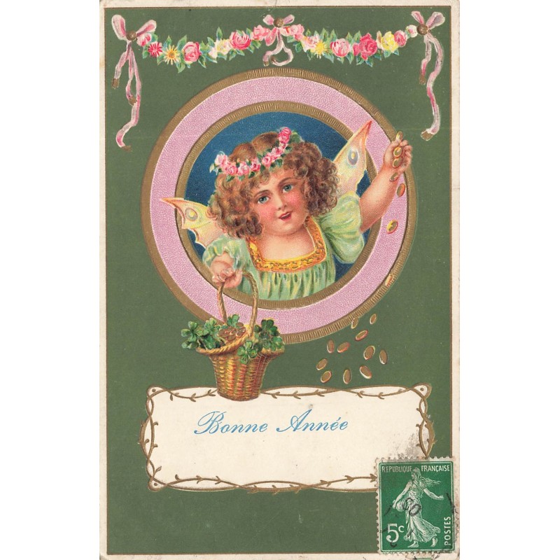 n°27827 - Carte Gaufrée - Bonne Année - Ange lançant des pièces et tenant un panier de trèfles