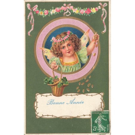 n°27827 - Carte Gaufrée - Bonne Année - Ange lançant des pièces et tenant un panier de trèfles