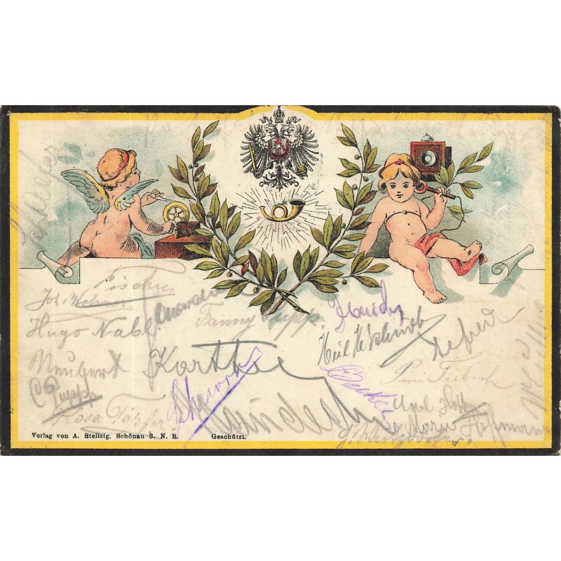 n°27830 - Deux anges au téléphone - Branche de laurier et blason