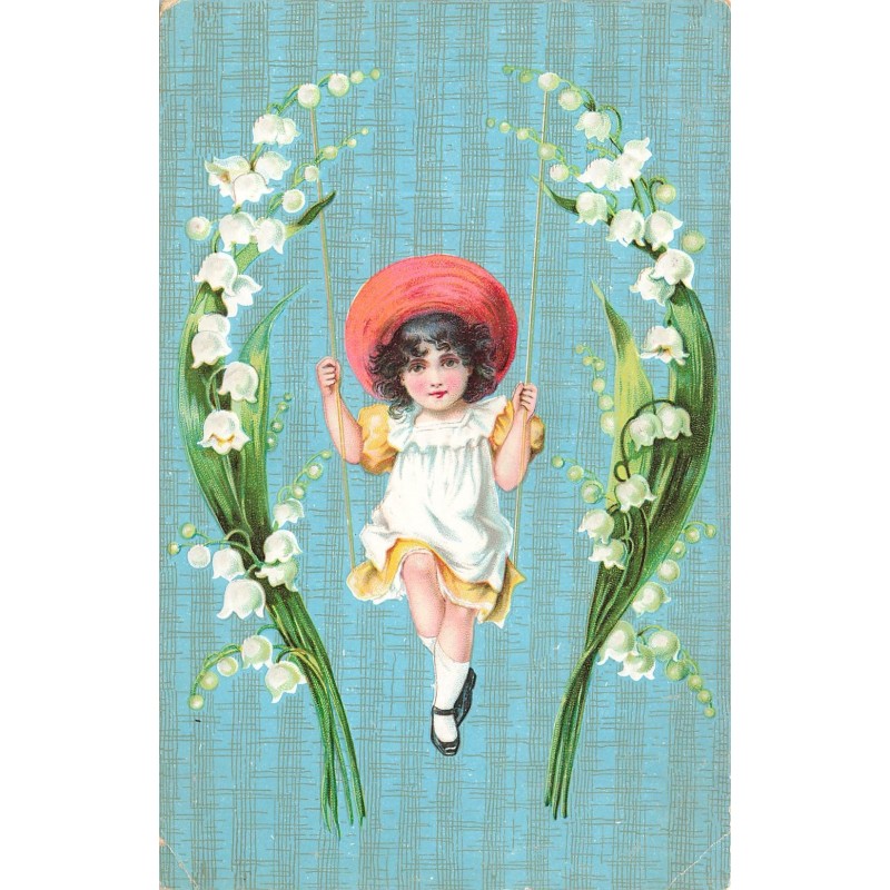 n°27833 - Carte Gaufrée - Fantaisie - Fillette sur une balançoire entourée de brins de muguet