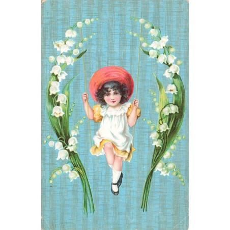 n°27833 - Carte Gaufrée - Fantaisie - Fillette sur une balançoire entourée de brins de muguet