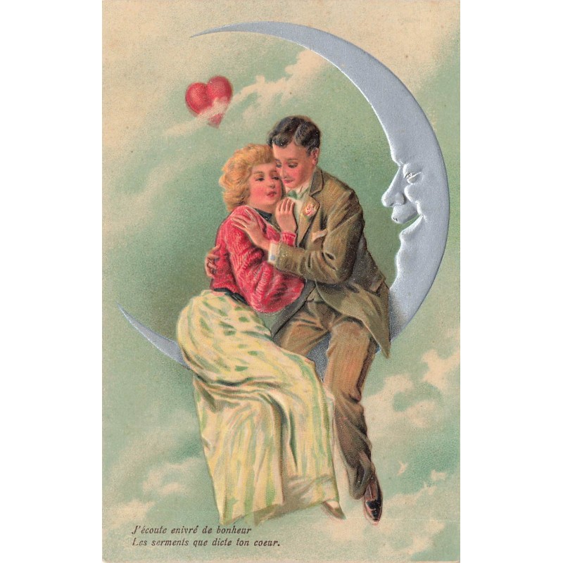 n°27835 - Carte Gaufrée 6859 - J'écoute enivré de bonheur ... - Couple assis sur un croissant de lune humanisé