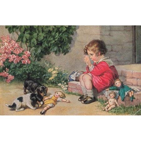 n°27841 - Jouet - Fillette regardant des chiots jouant avec des poupées - teckel