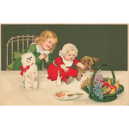 n°27842 - Flatscher - Enfants et chiens voulant attraper des fruits dans un panier - teckel