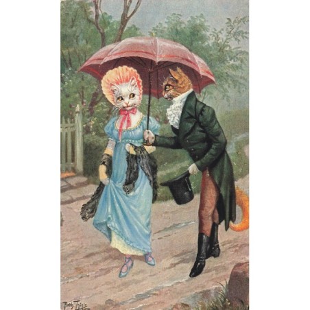 n°27852 - Illustrateur Arthur Thiele - Chats habillés se promenant à l'abri d'une ombrelle