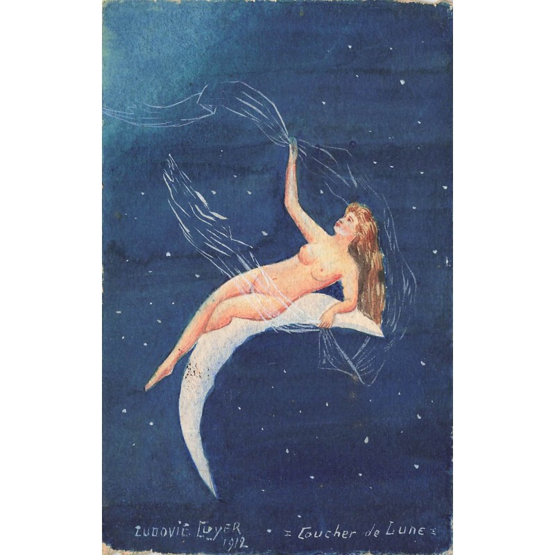n°27855 - Ludovic Cuyer 1912 - Carte peinte à la main - Coucher de Lune - Femme nue