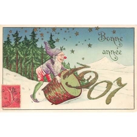 n°27857 - Carte Gaufrée - Nouvel An - Bonne Année 1907 - Nain renversant sa hotte