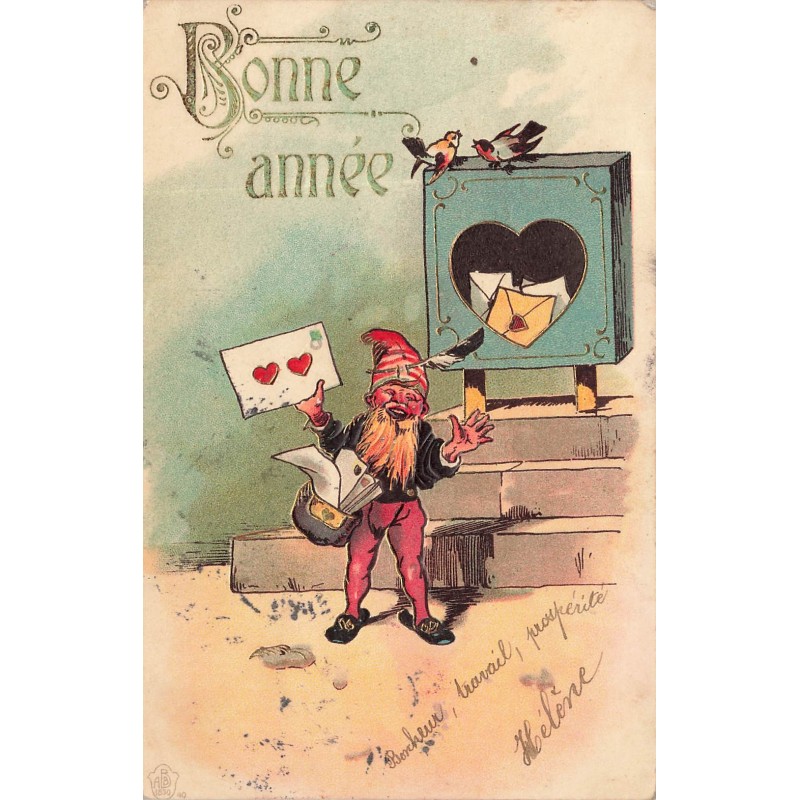 n°27859 - Carte Gaufrée - Bonne Année - Nain déposant des lettres dans une boite aux lettres
