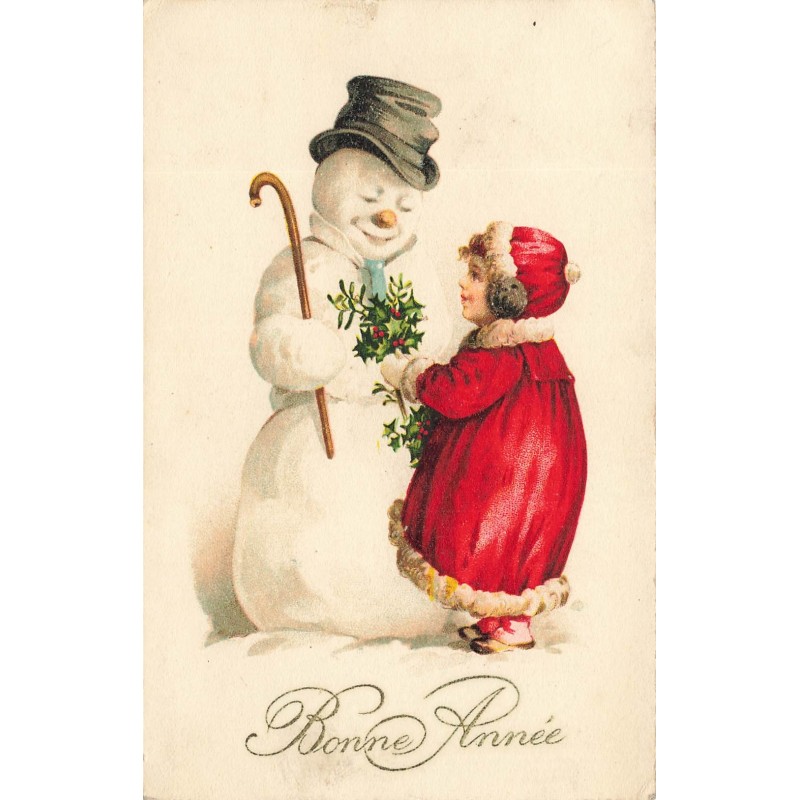 n°27863 - Bonne Année - Fillette offrant du houx à un bonhomme de neige