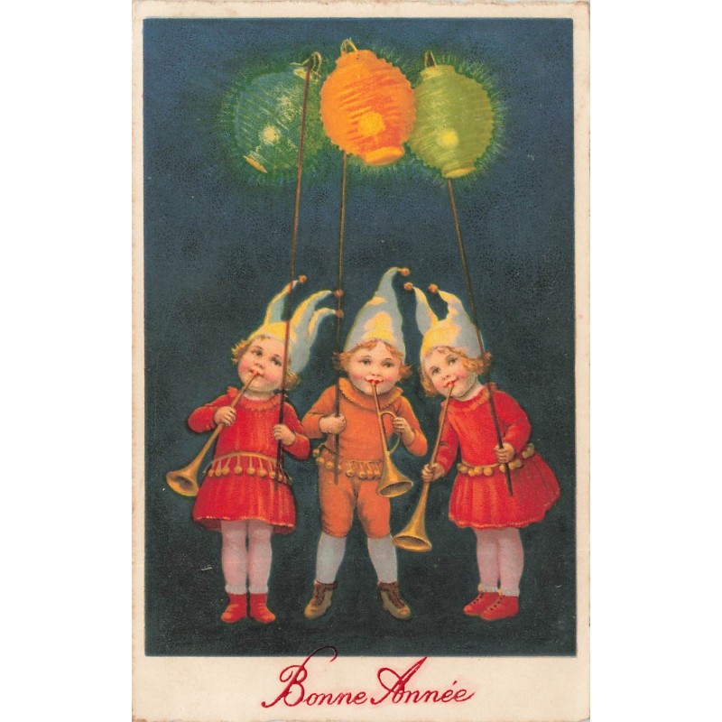 n°27864 - Flatscher - Bonne Année - Enfants jouant de la trompette et tenant des lampions