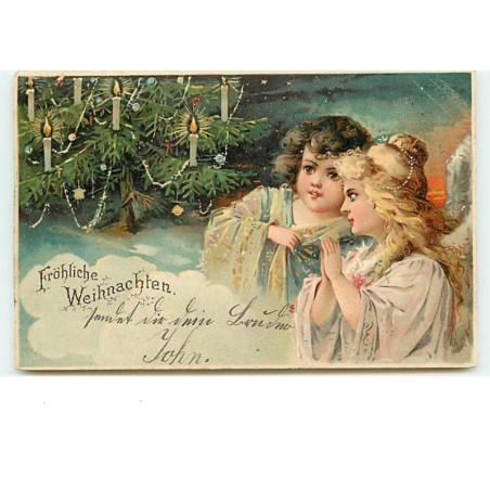 n°13170 - Fröhliche Weihnachten - Deux anges discutant près d'un sapin