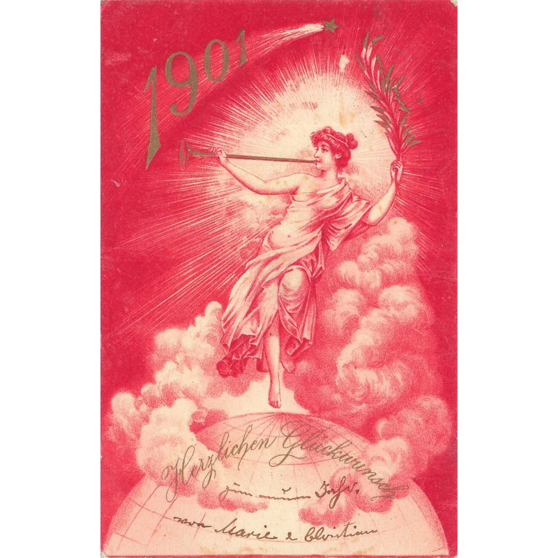 n°27867 - Nouvel An - Herzlichen Glückwunsch 1901 - Femme marchant sur le globe terrestre