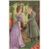 n°27868 - Carte Gaufrée - A Happy New Year - Jeune homme saluant une jeune femme - Tête de Lion