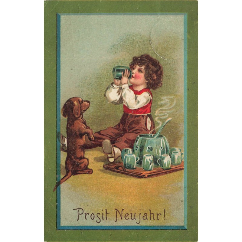 n°27869 - Nouvel An - Prosit Neujahr - Teckel regardant un garçon boire
